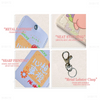 Close-up views of a cute flower keychain card holder featuring metal fastener, neat stitching, sharp printing, and a metal lo