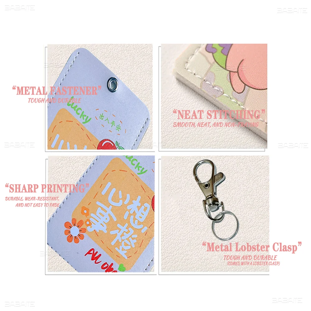 Close-up views of a cute flower keychain card holder featuring metal fastener, neat stitching, sharp printing, and a metal lo
