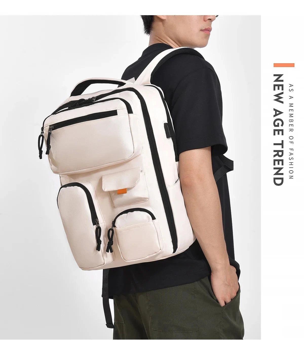 A person is carrying a beige and black large capacity travel backpack.
