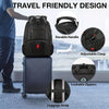 A black travel backpack is shown with features like a durable handle, adjustable clasp, lockable zippers, and luggage strap.