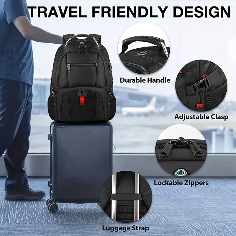 A black travel backpack is shown with features like a durable handle, adjustable clasp, lockable zippers, and luggage strap.