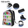 A black backpack featuring various funny character designs and functional features like reinforced top handle and side pocket