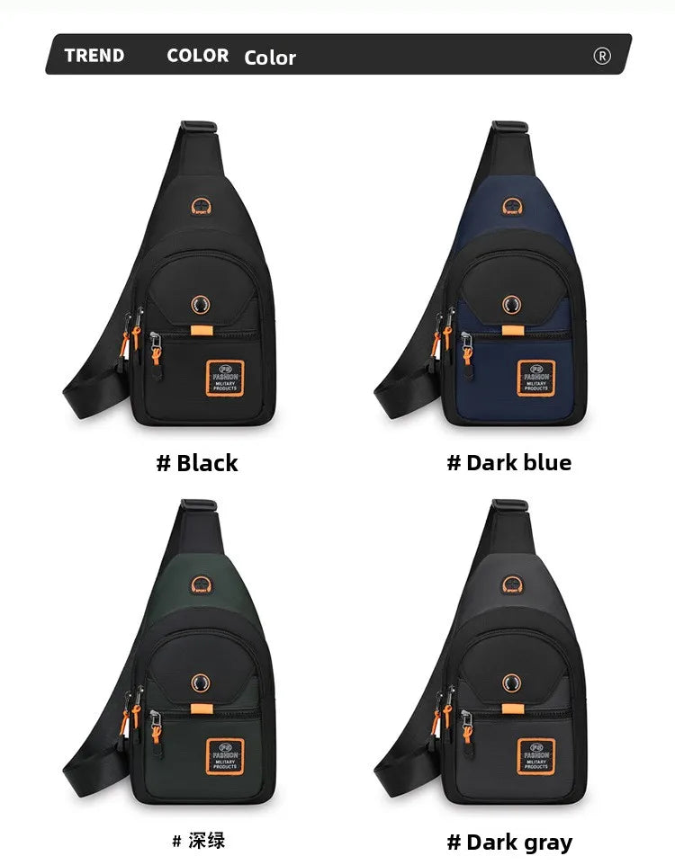 A set of compact oxford crossbody sling bags in black, dark blue, and dark gray.