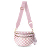 A pink and white checkered nylon crossbody bag with a pink strap and gold hardware.