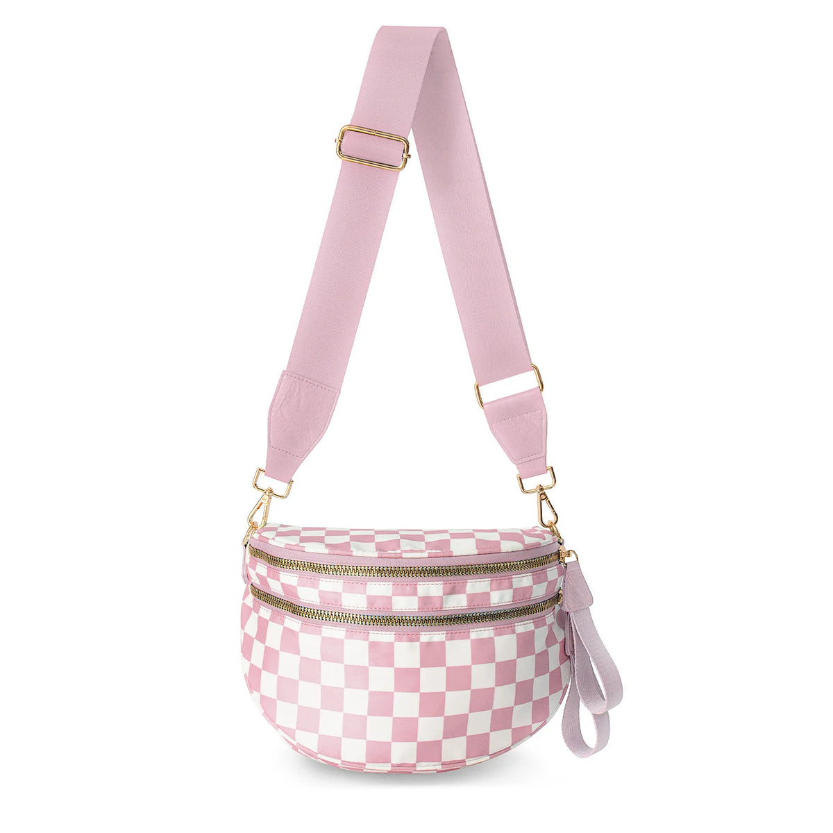 A pink and white checkered nylon crossbody bag with a pink strap and gold hardware.