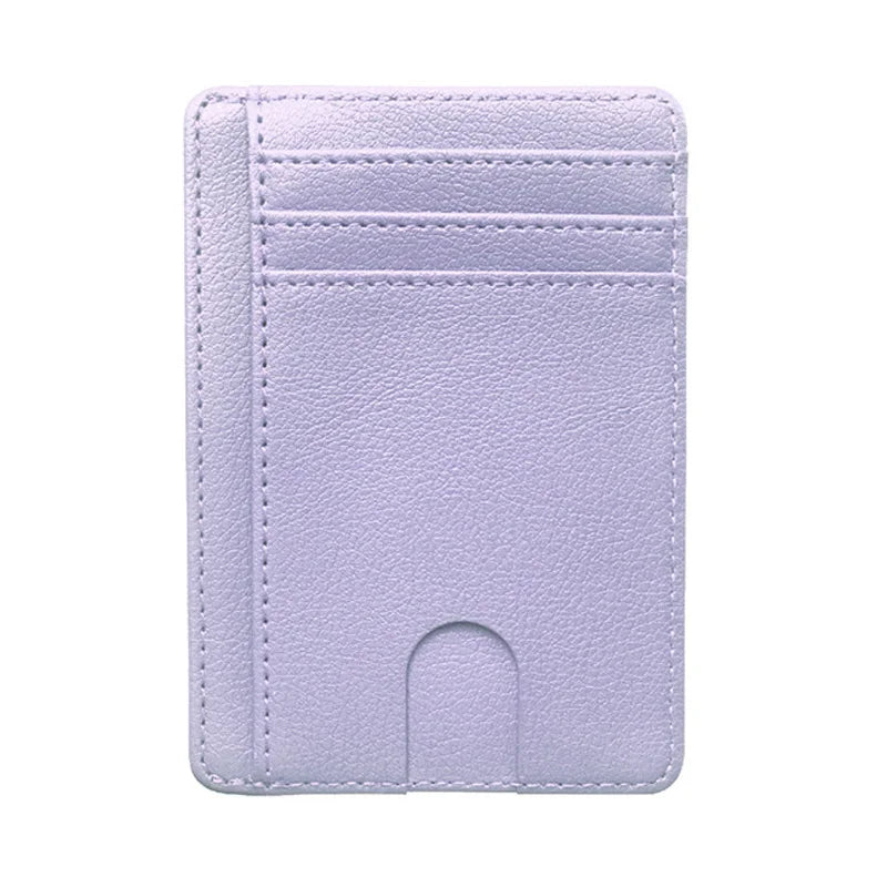 A light purple slim leather wallet with a card slot and RFID blocking features.