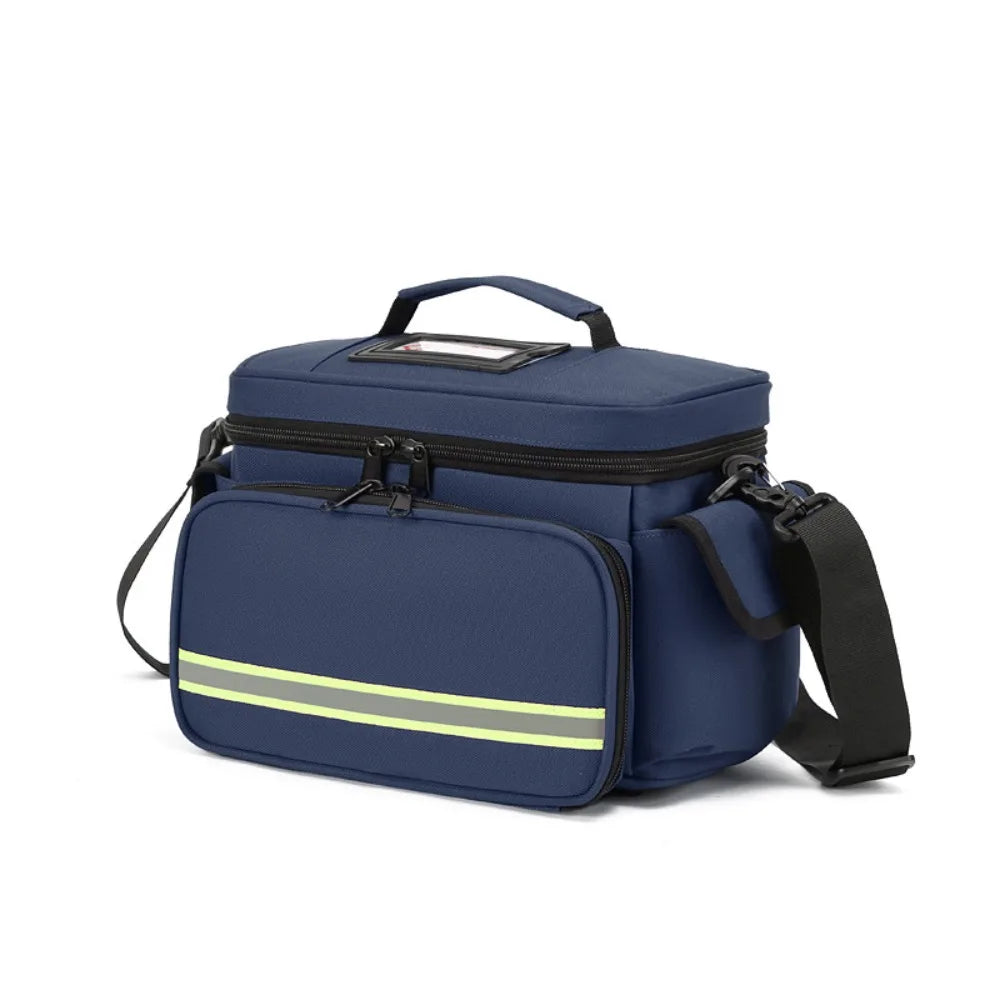 A navy blue durable waterproof emergency trauma bag with a yellow stripe detail.