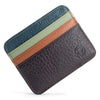A genuine leather slim card holder wallet with multiple colored leather strips.