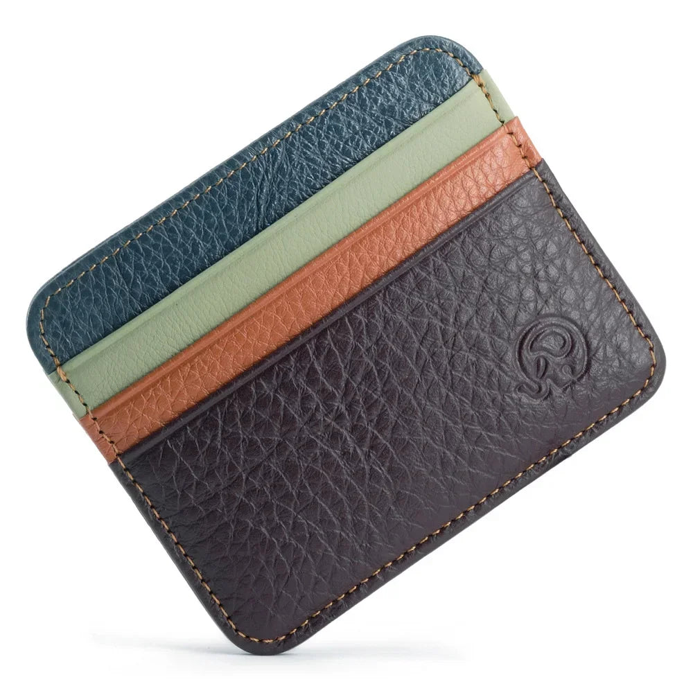 A genuine leather slim card holder wallet with multiple colored leather strips.