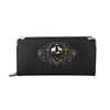 Black leather wallet with silver skull and floral design embossed on the front