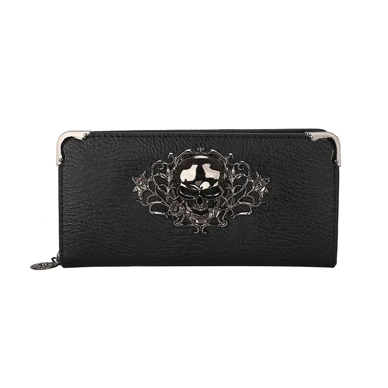 Black leather wallet with silver skull and floral design embossed on the front