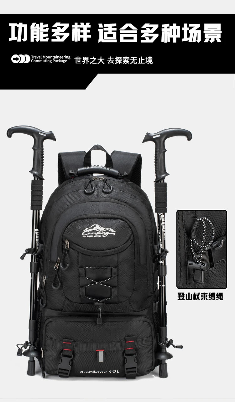 Black waterproof 40L hiking backpack with trekking poles and laptop sleeve