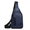 A navy blue men's adjustable crossbody sling bag with a black strap and zipper.