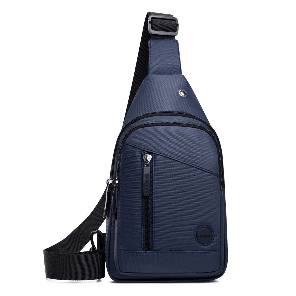 A navy blue men's adjustable crossbody sling bag with a black strap and zipper.