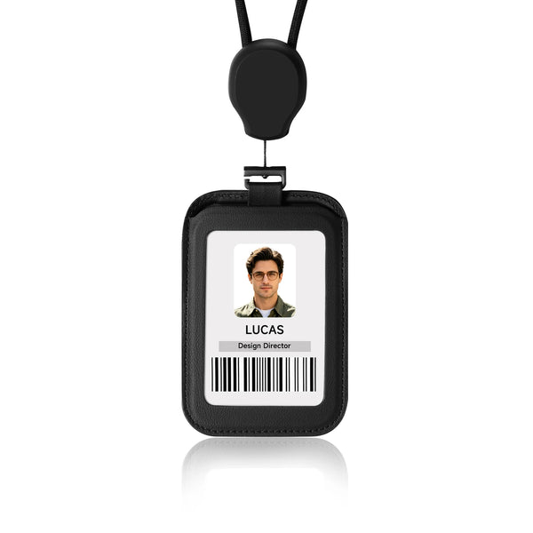Black adjustable leather ID card holder with a neck strap featuring a photo and name.