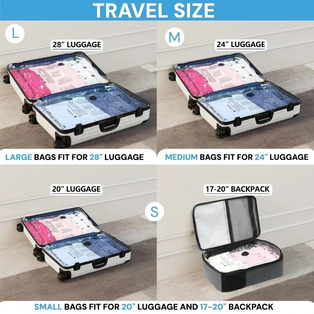 Un ensemble de sacs de rangement pour aspirateur réutilisables en tailles L, M et S pour différents bagages et sacs à dos.