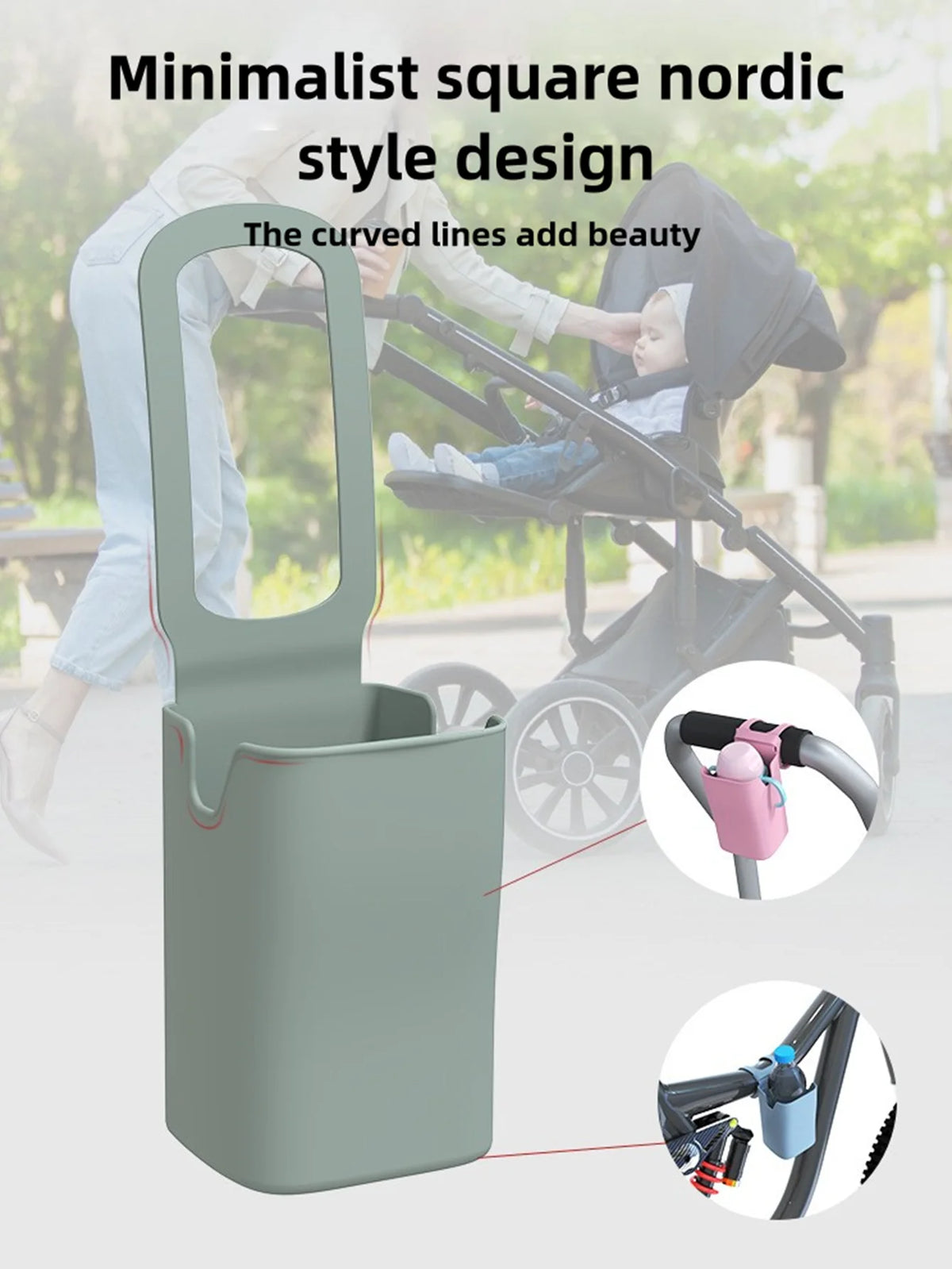A minimalist square nordic style design silicone cup holder shown in use on a bicycle handlebar.