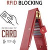 A pink RFID blocking card wallet with a zipper and protective features shown next to an icon of proximity protection.