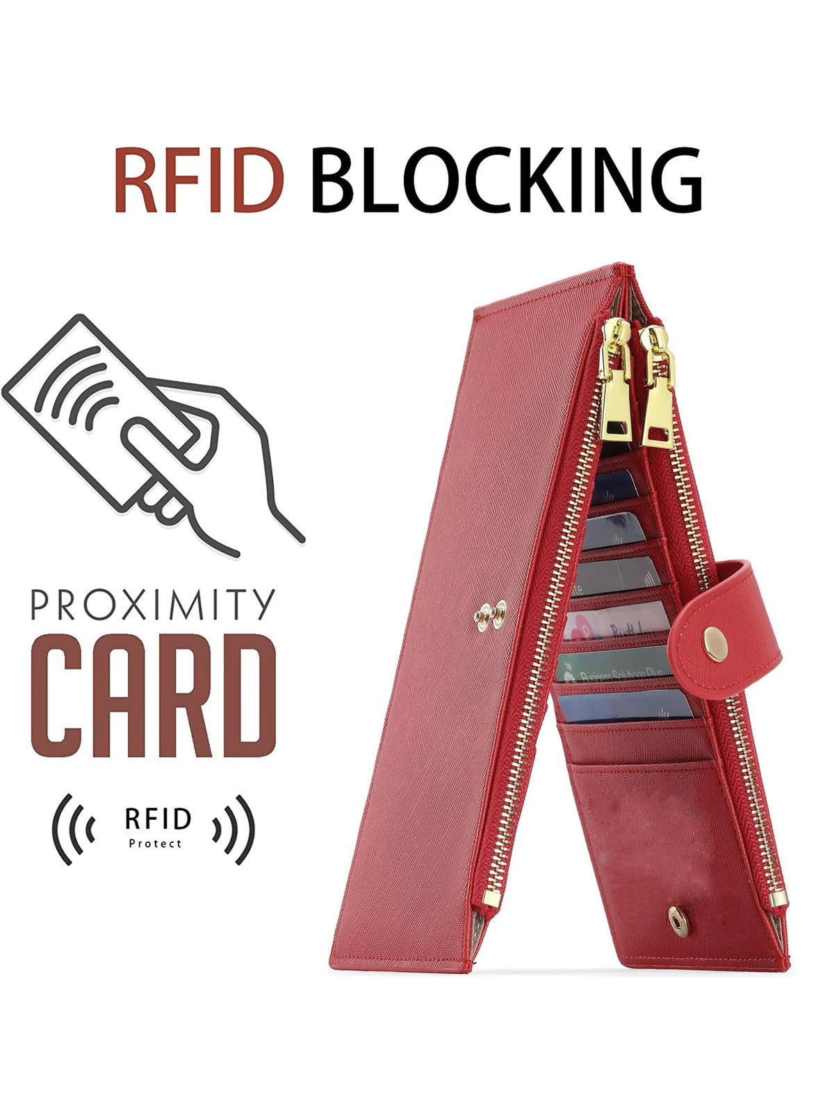 A pink RFID blocking card wallet with a zipper and protective features shown next to an icon of proximity protection.