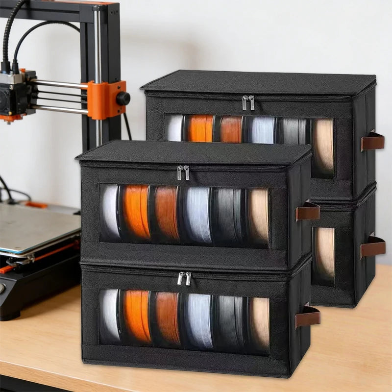 Schwarzes faltbares Filament-Aufbewahrungsgestell mit mehreren Fächern zur Organisation von 3D-Druckfilamenten