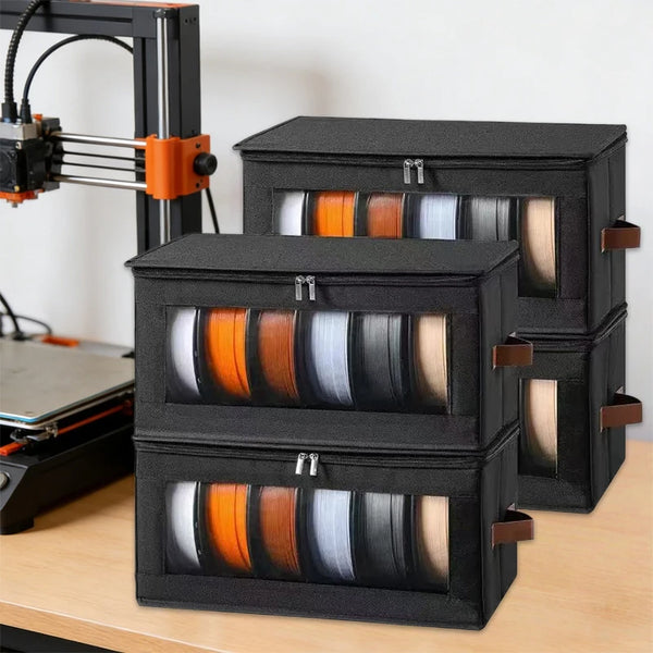 Black foldable filament storage rack with multiple slots for organizing 3D printer filaments
