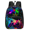 A black backpack featuring a vibrant, colorful paint splatter design and a large game controller graphic.