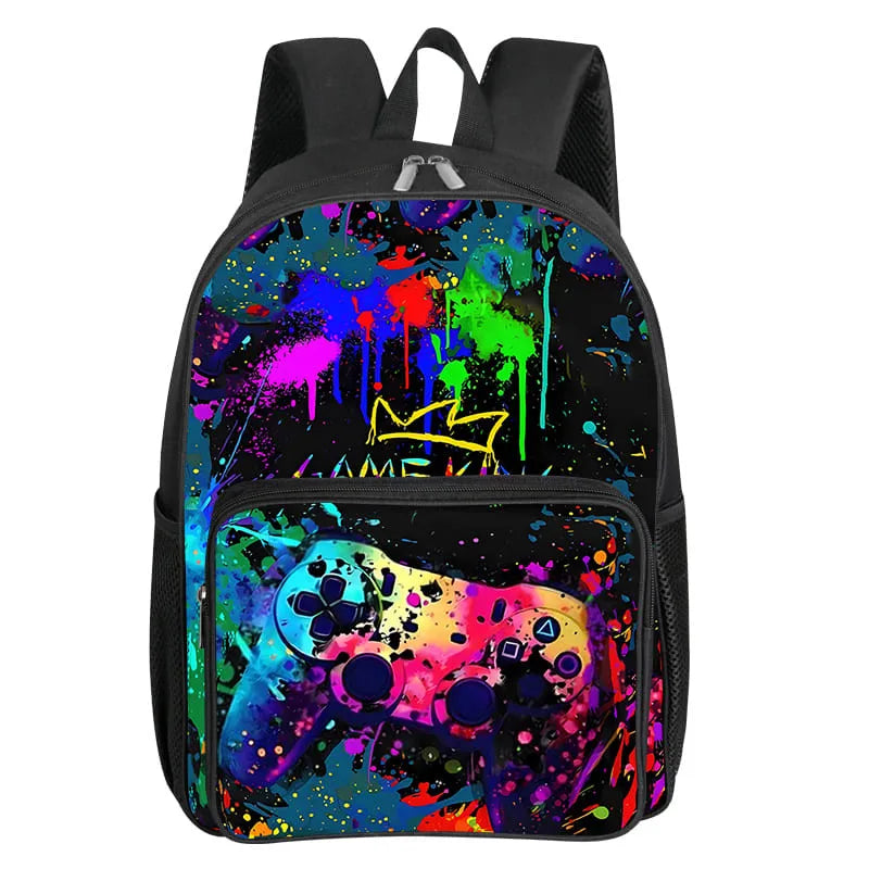 A black backpack featuring a vibrant, colorful paint splatter design and a large game controller graphic.