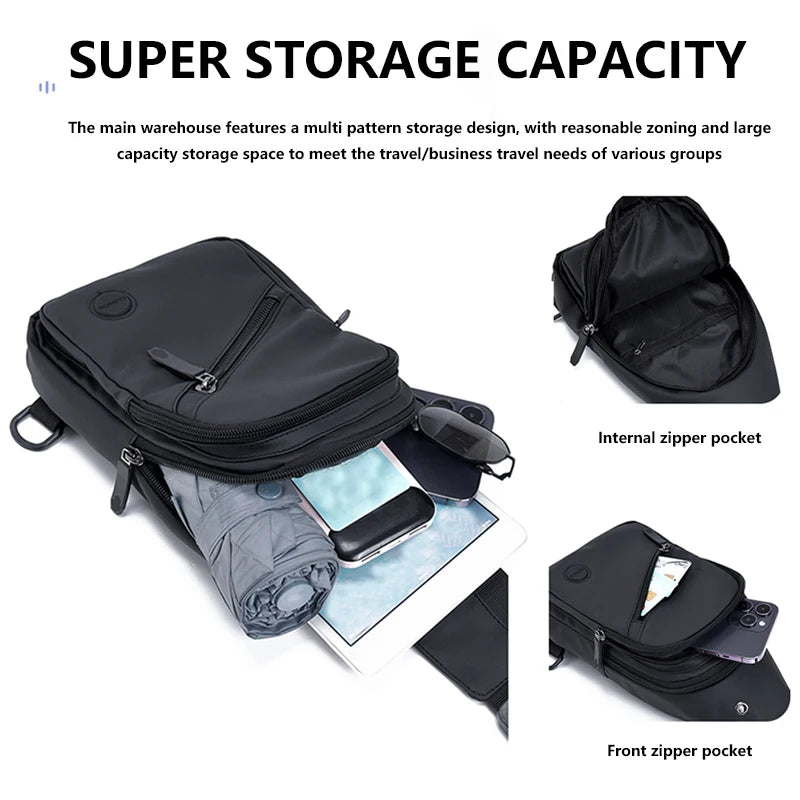 Black men's adjustable crossbody sling bag shown with various internal and front zippered pockets.