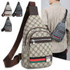 A beige patterned crossbody sling bag worn by a man, featuring brown leather straps and accents.