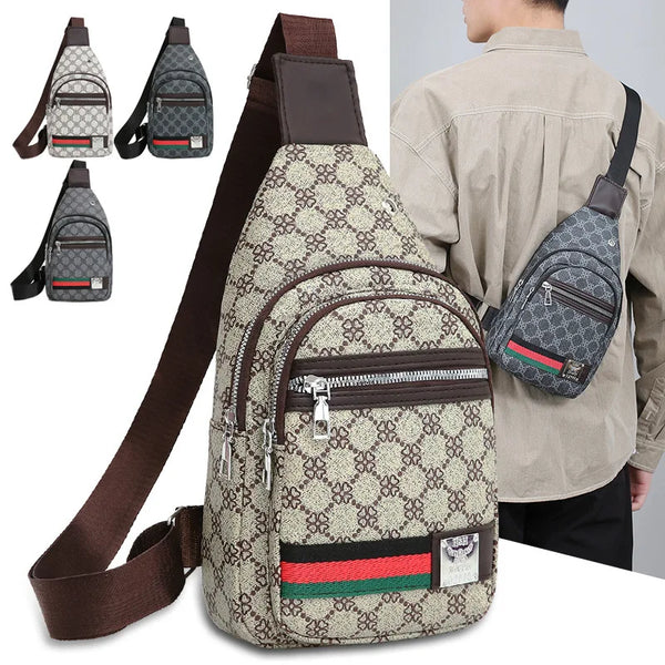 A beige patterned crossbody sling bag worn by a man, featuring brown leather straps and accents.