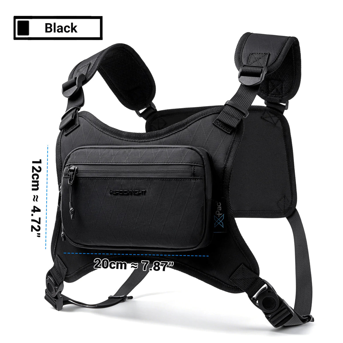 Black X-PAC waterproof chest pack for outdoor adventures shown with dimensions.