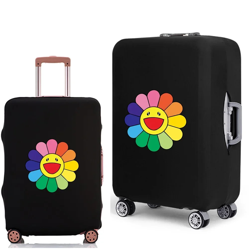 Black rolling suitcase with a colorful sunflower design on the side.