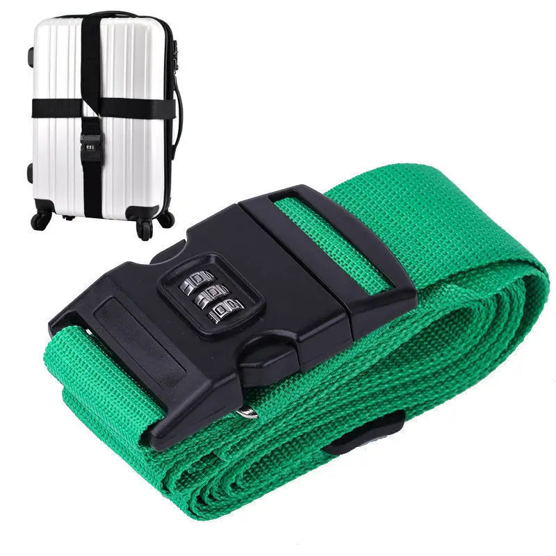 A green adjustable luggage strap with a black combination lock is shown rolled up.