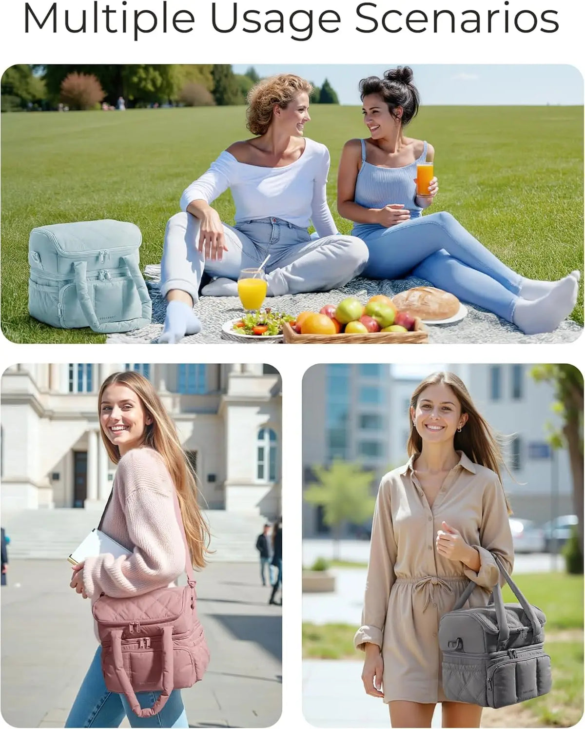 A woman is shown carrying a beige quilted lunch bag while walking outdoors.