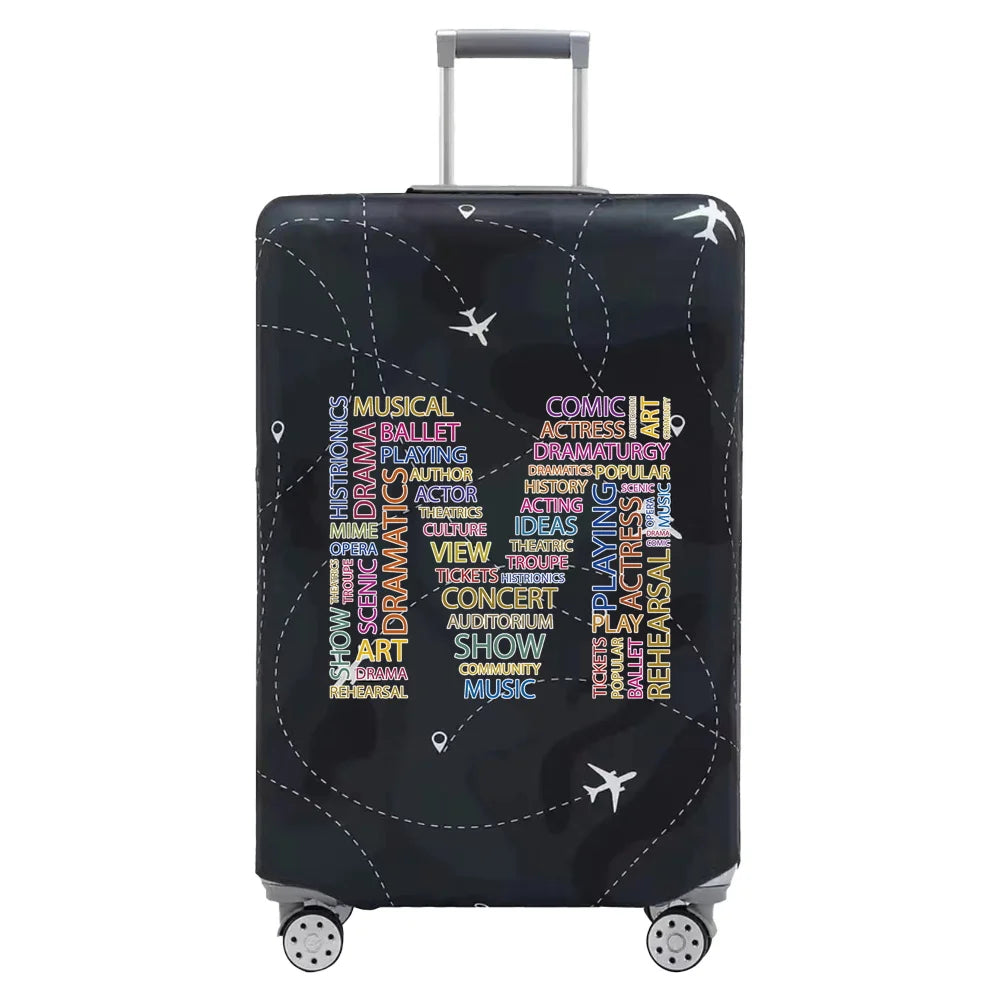 A dark gray luggage protection cover with a silver handle and wheels.