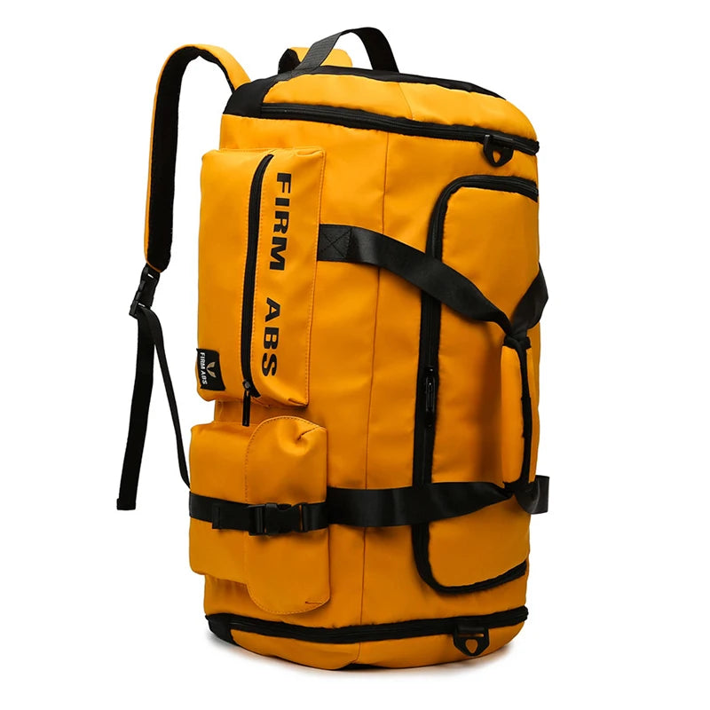 A bright yellow tactical backpack with black accents, designed for gym, travel, and outdoor use.