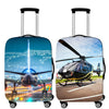 A silver suitcase with a scenic view of a city skyline and an airplane in the background.