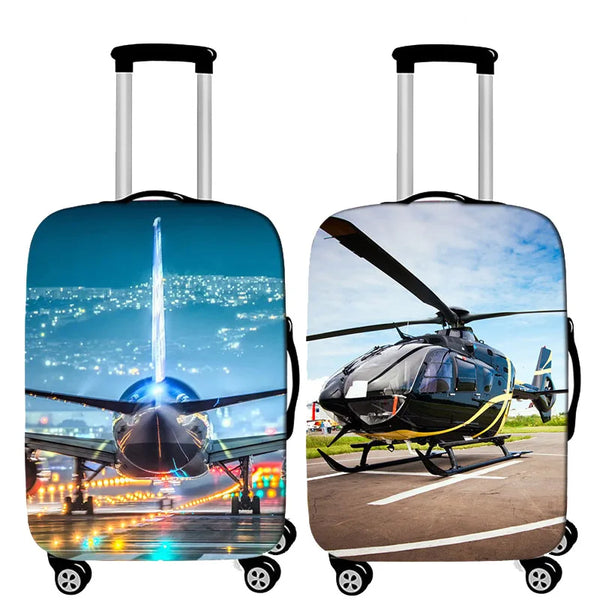 A silver suitcase with a scenic view of a city skyline and an airplane in the background.