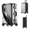 A silver waterproof luggage protector cover on a black rolling suitcase.
