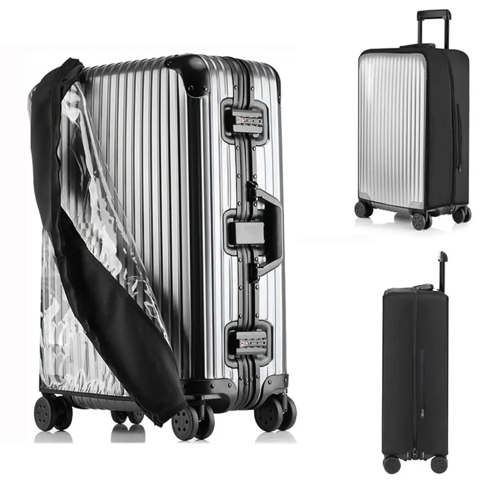 A silver waterproof luggage protector cover on a black rolling suitcase.