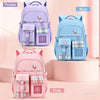 Three lightweight children's school backpacks in purple, blue, and pink with plaid accents displayed on a light background.