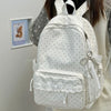 A white polka dot nylon travel backpack with a laptop compartment is shown against a light background.