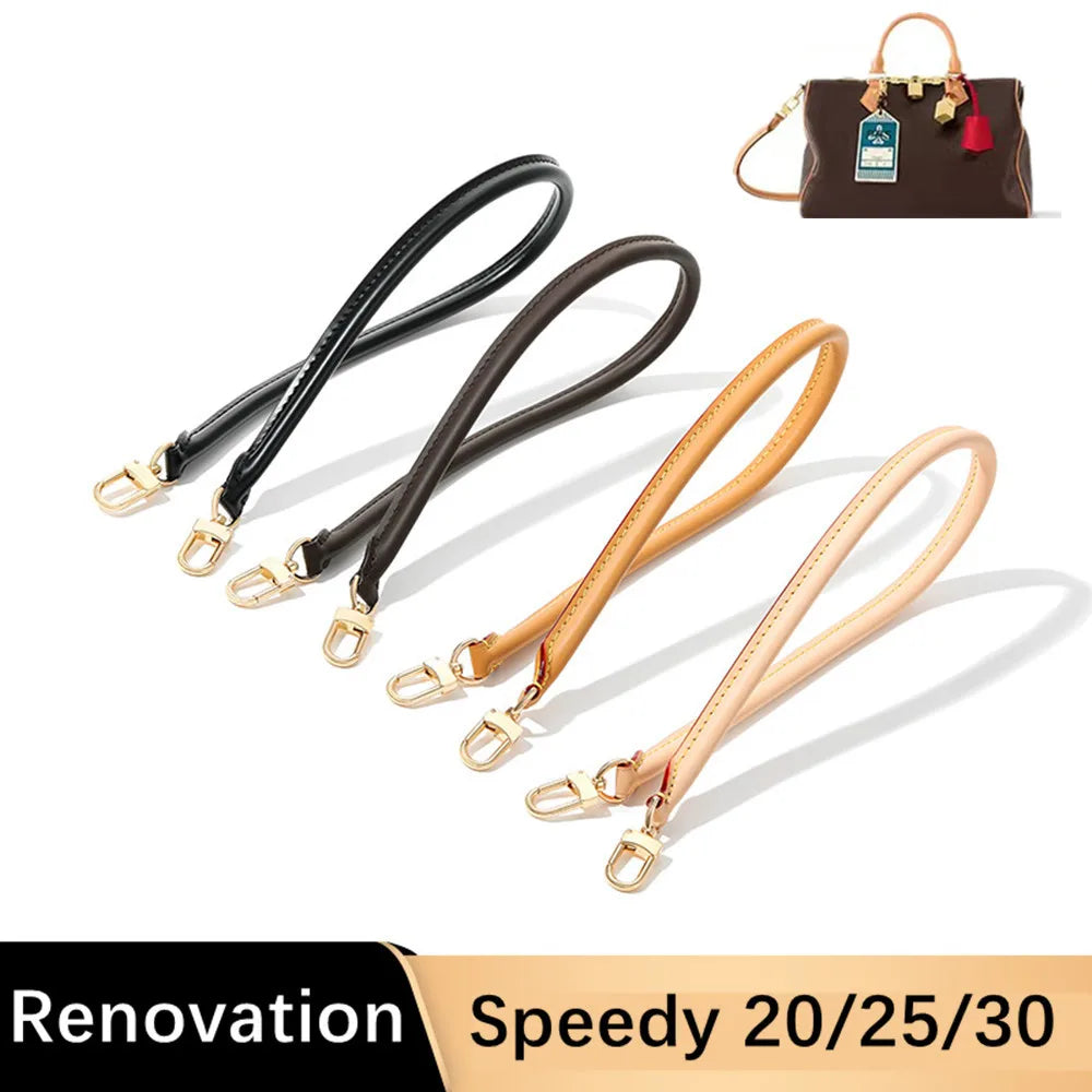 A set of genuine cowhide leather shoulder straps in black, brown, and tan for bags.