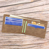 A brown leather wallet with blue cards and a coin pocket is displayed on a wooden surface.