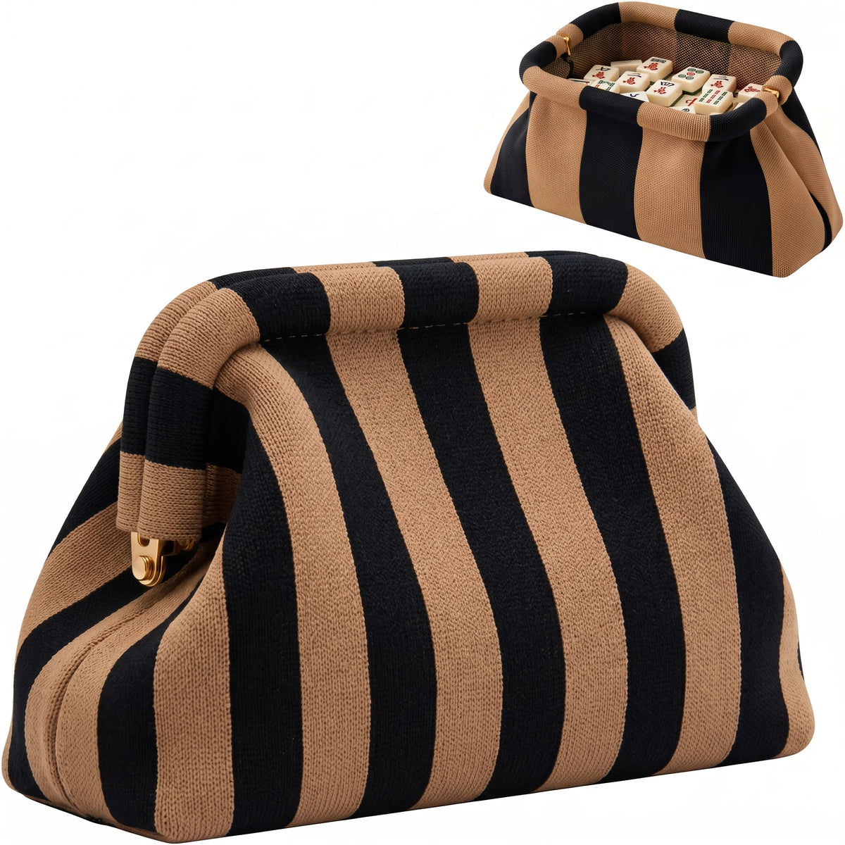 A striped knit clutch bag in tan and black stripes, shown with a small tray of cards.