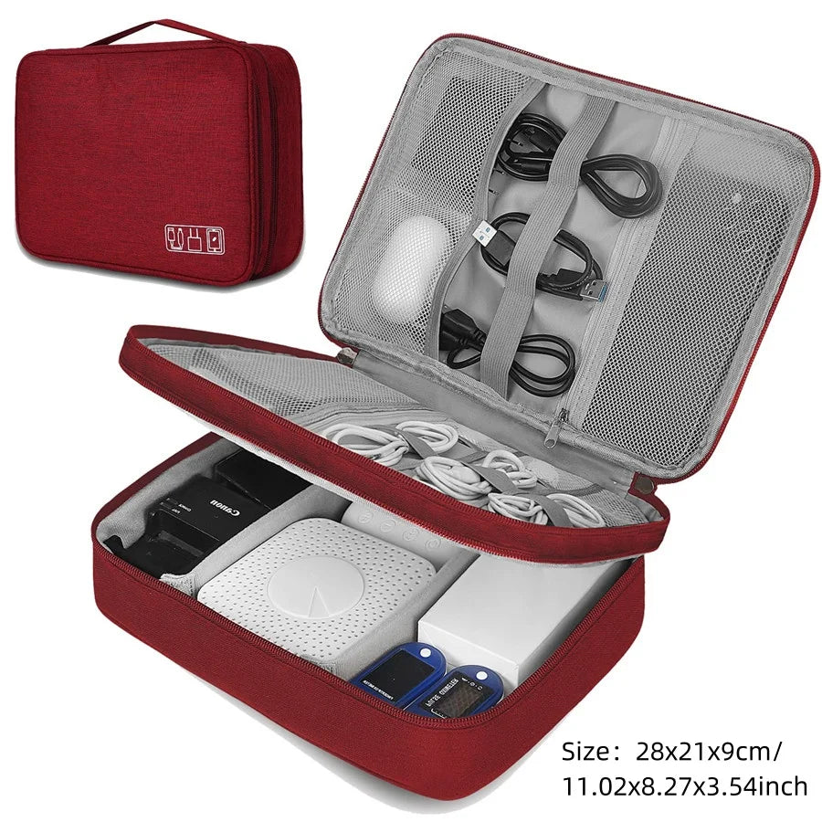A red portable digital organizer storage pouch with an open lid showing various electronic accessories and storage compartmen
