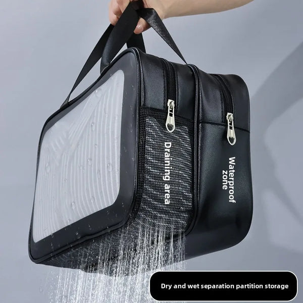 Black double-layer waterproof storage bag with a clear draining area for separation