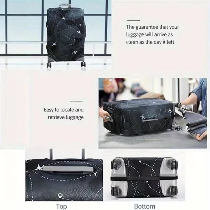 A black luggage protector cover with an airplane pattern is shown from the top and bottom views.