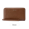 A brown slim PU leather wallet with a zipper closure shown from the top.