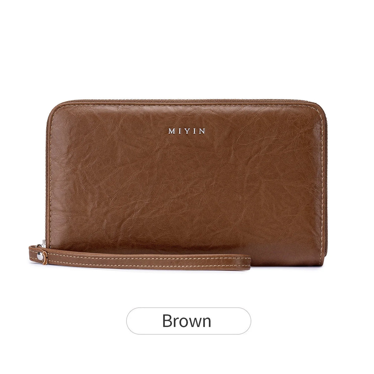 A brown slim PU leather wallet with a zipper closure shown from the top.
